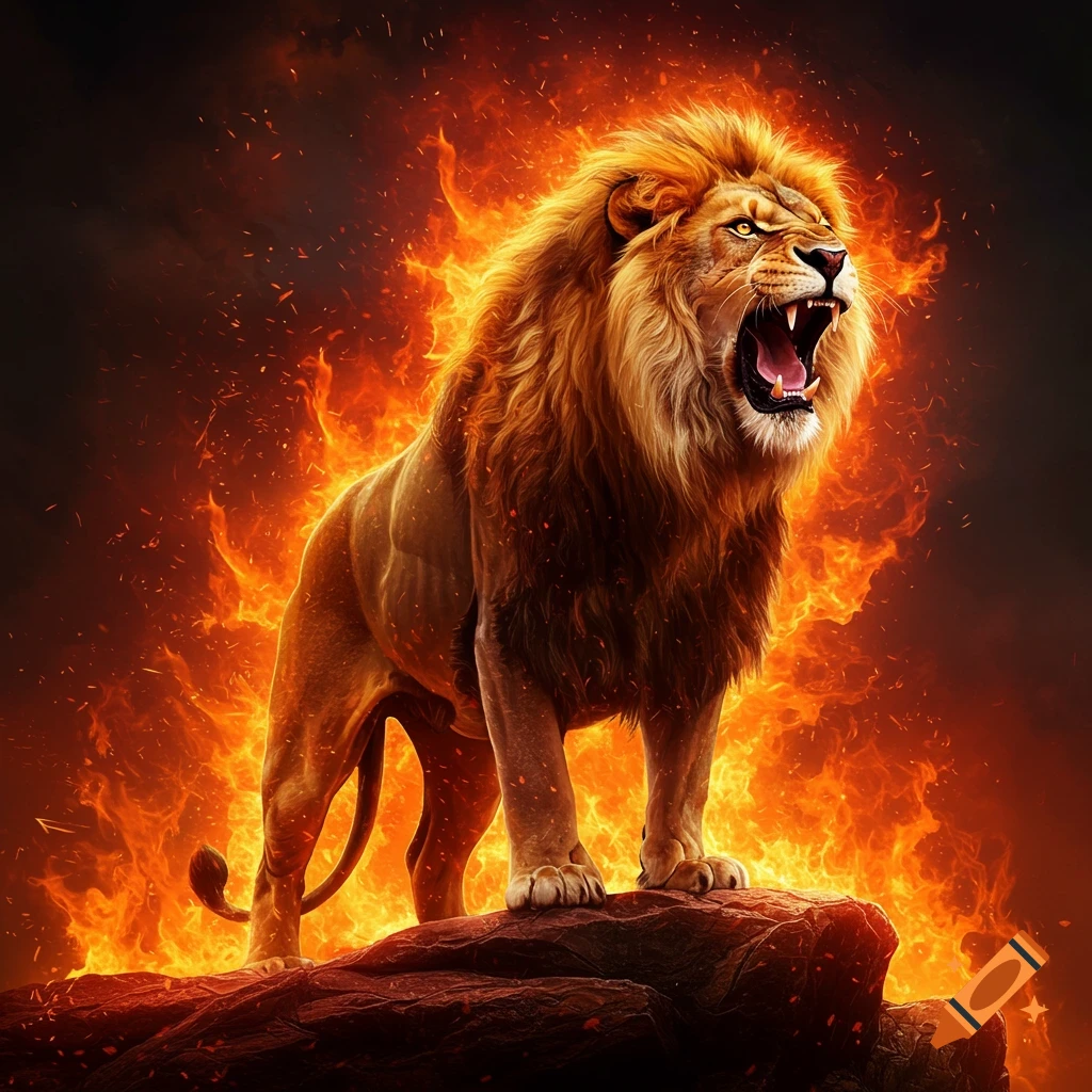 A powerful, photorealistic depiction of a roaring lion standing on rocks, engulfed in vibrant orange flames and embers.