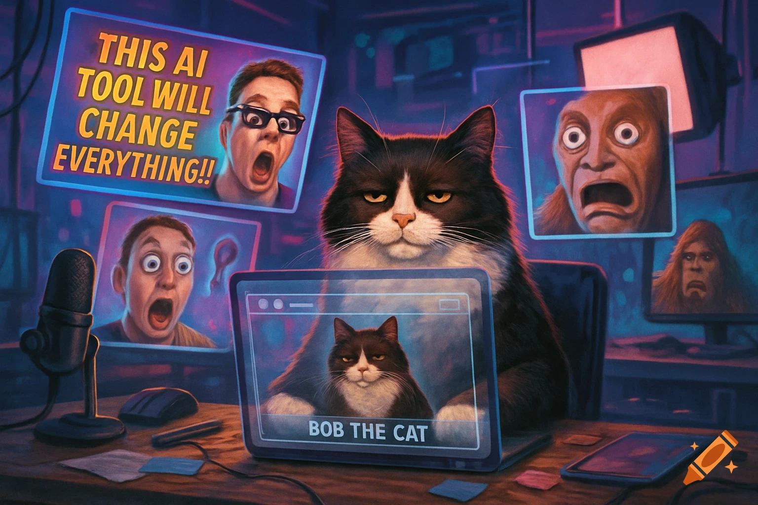 A serious black and white cat sits at a desk, surrounded by screens with shocked human faces and a Bigfoot, and a text bubble reading "THIS AI TOOL WILL CHANGE EVERYTHING!!".