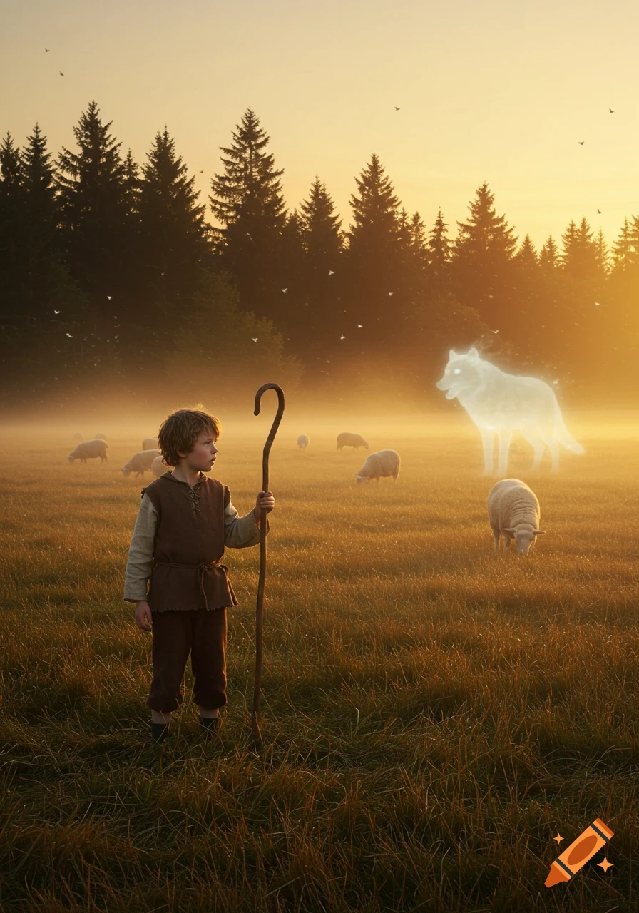 A young shepherd boy stands in a misty field at sunrise, looking towards a translucent, glowing wolf amidst sheep.