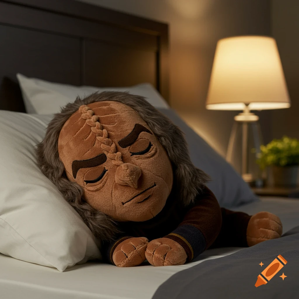 A photorealistic plushie of Gowron from Star Trek sleeping in a bed.