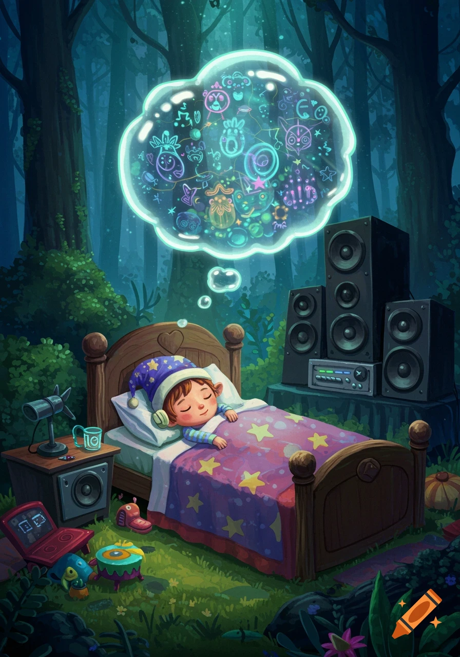 A cartoon child sleeps in a bed in a dark forest, dreaming of glowing symbols, with large speakers beside the bed.
