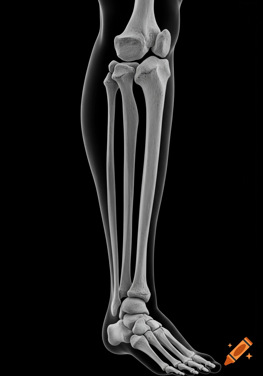 Realistic black and white medical x-ray of a lower leg showing a tibia and four fibulas.