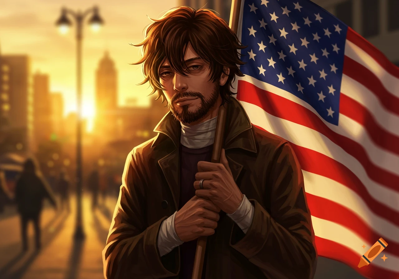 A stylized anime man with a beard holds an American flag on a city street at sunset.