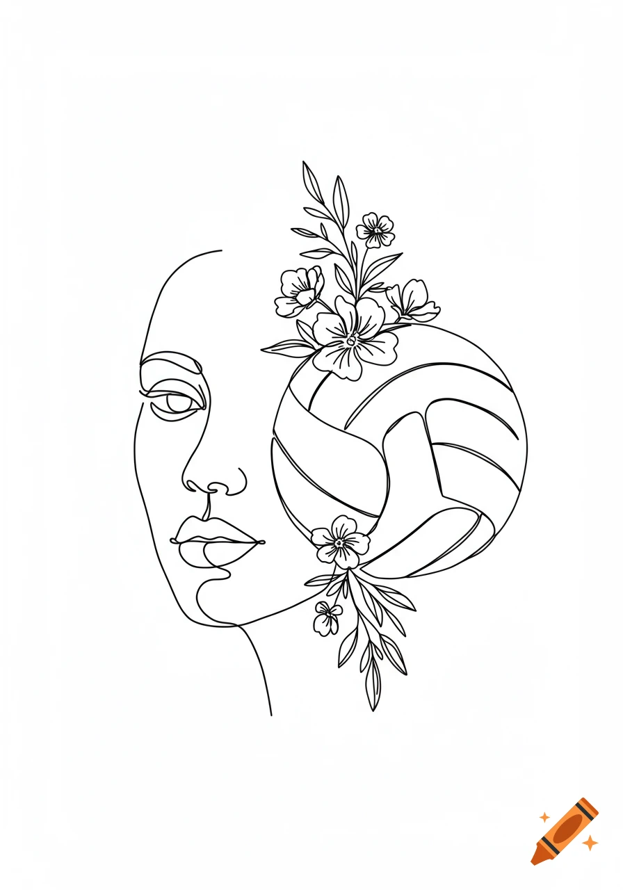 Line art drawing of a woman's face combined with a volleyball and flowers.