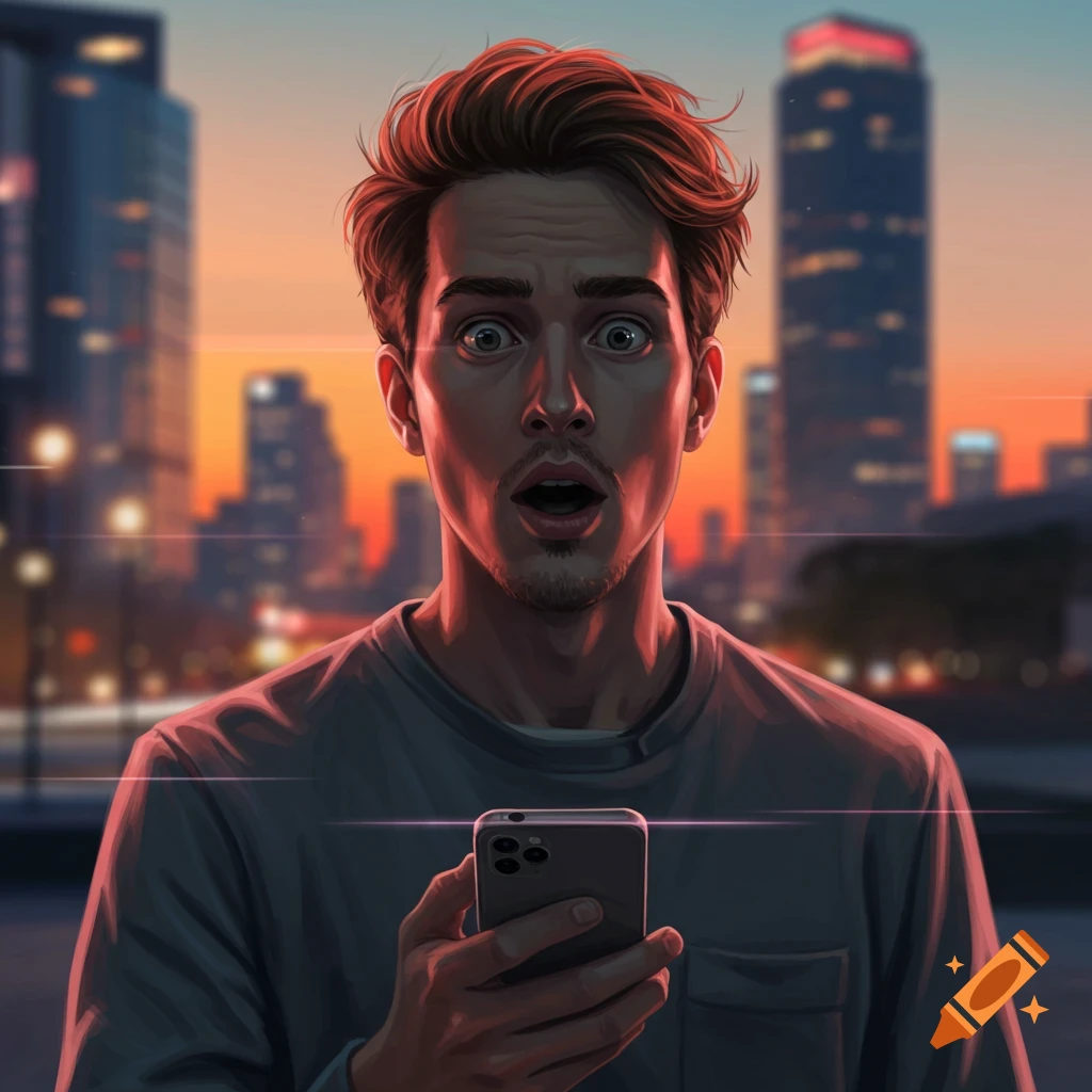 A man with wide eyes and open mouth looks surprised while holding a phone in a city at sunset, digital art.