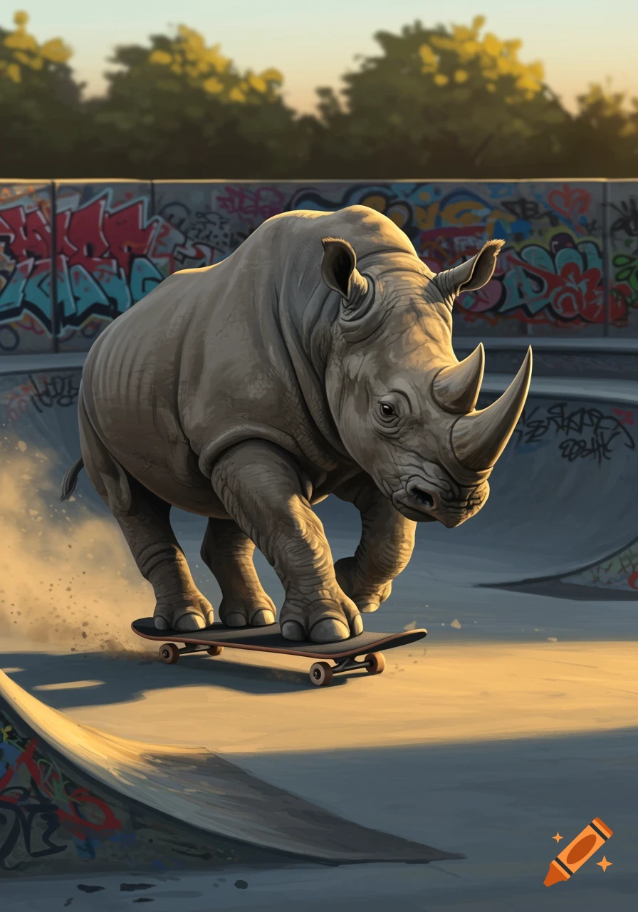 A large rhinoceros rides a skateboard through a graffiti-covered skatepark at sunset.