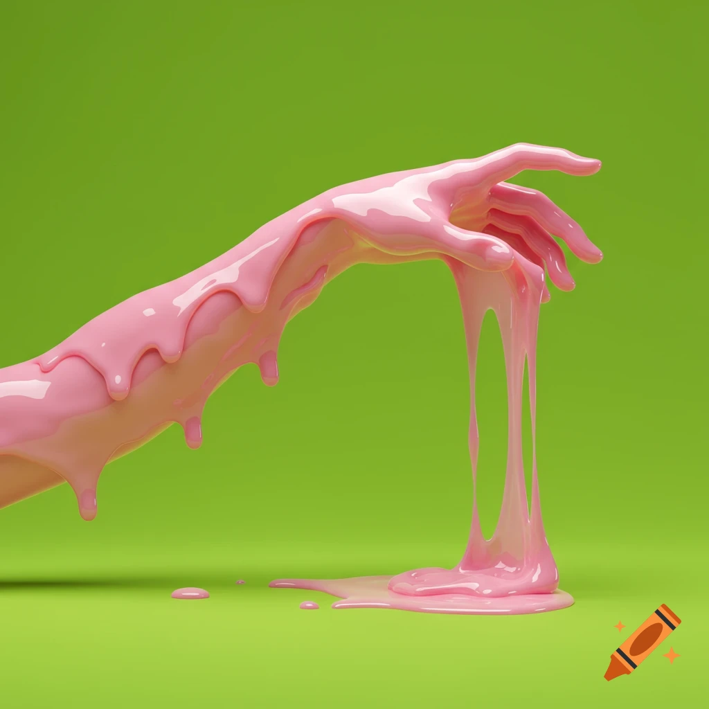 A baby pink melting slime arm reaches across a vibrant lime green background.