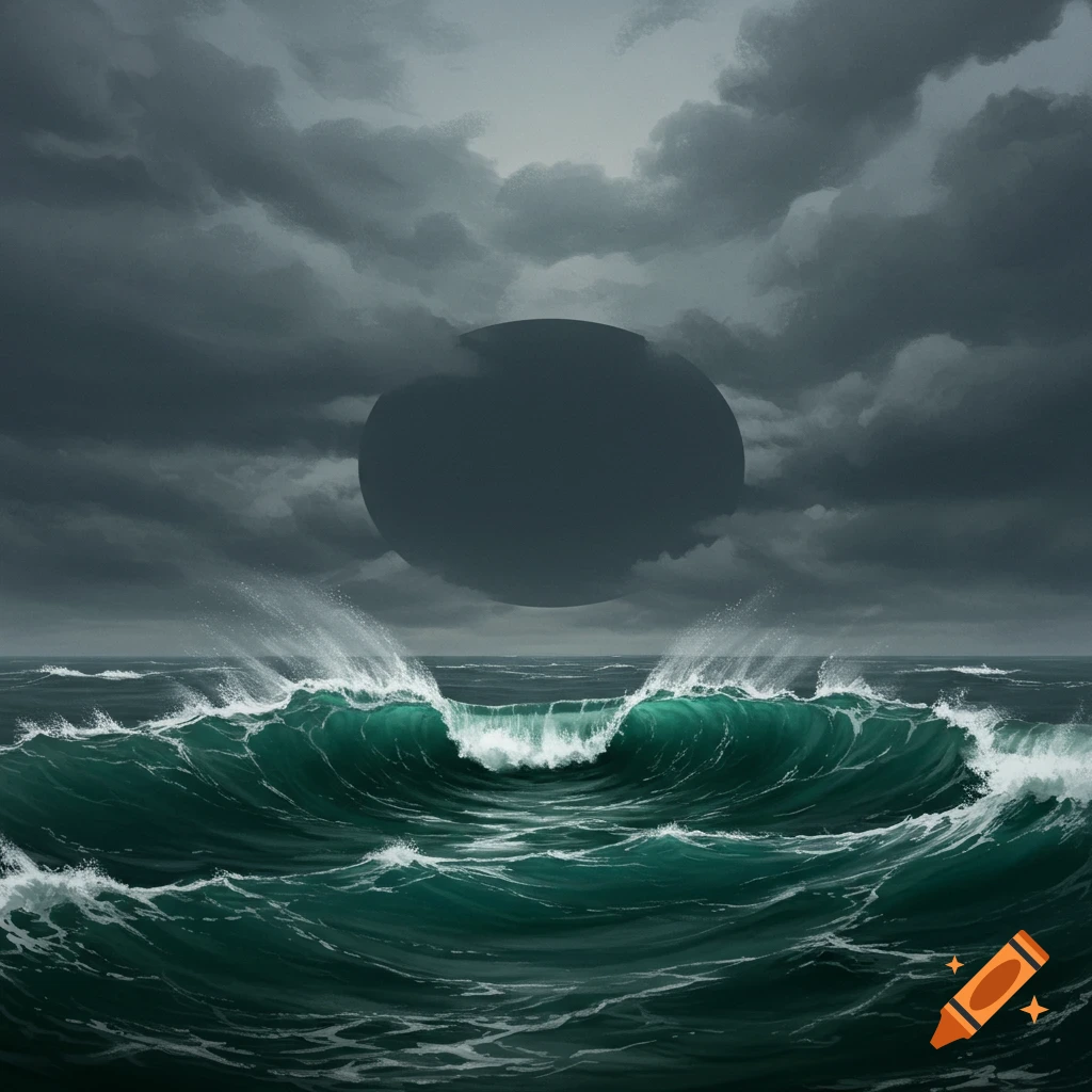 Stormy ocean waves under a dark, overcast sky with a large black disc hovering above the horizon.