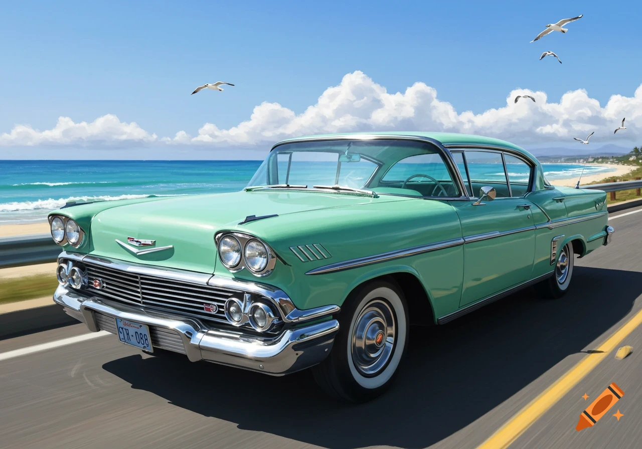 A vintage turquoise car drives along a coastal road next to a sandy beach under a blue sky with clouds and seagulls.