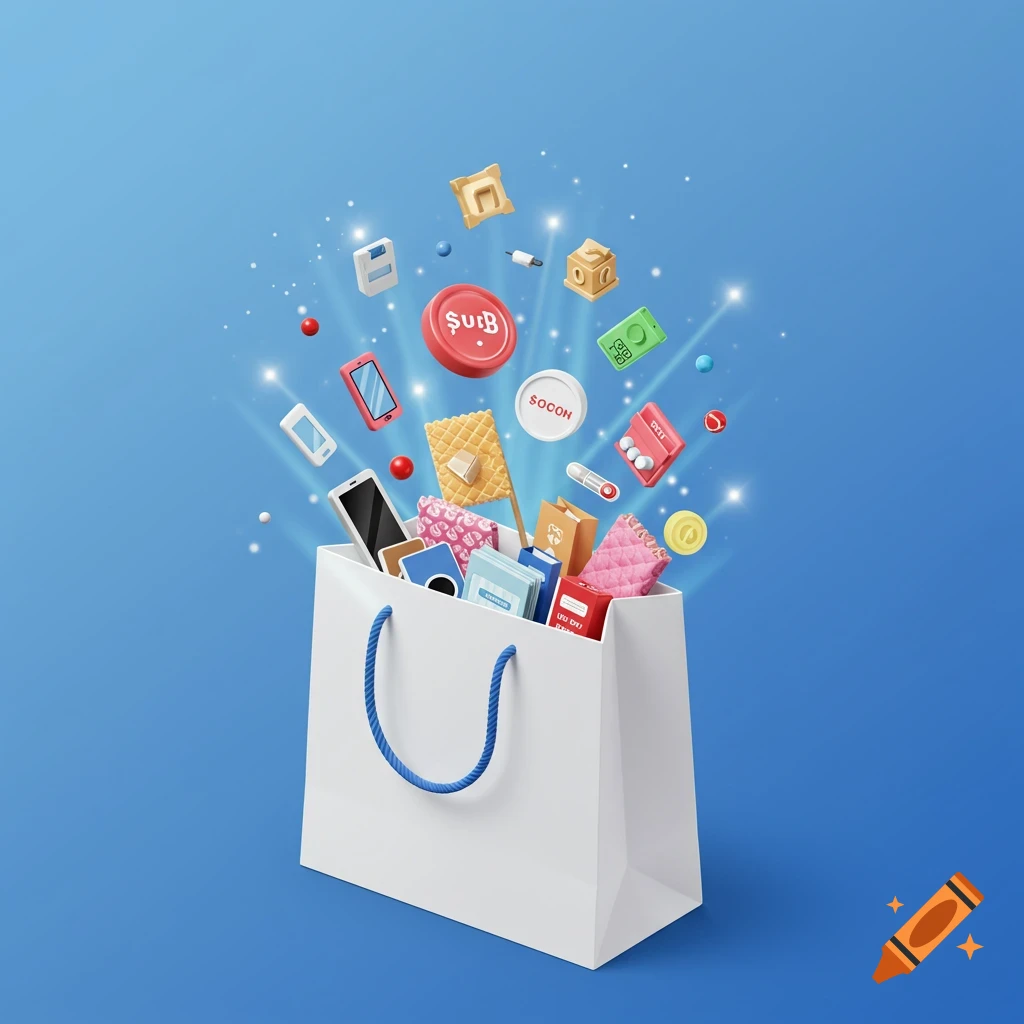 A white shopping bag with blue handles, bursting open with an assortment of colorful consumer products and digital devices against a bright blue background.