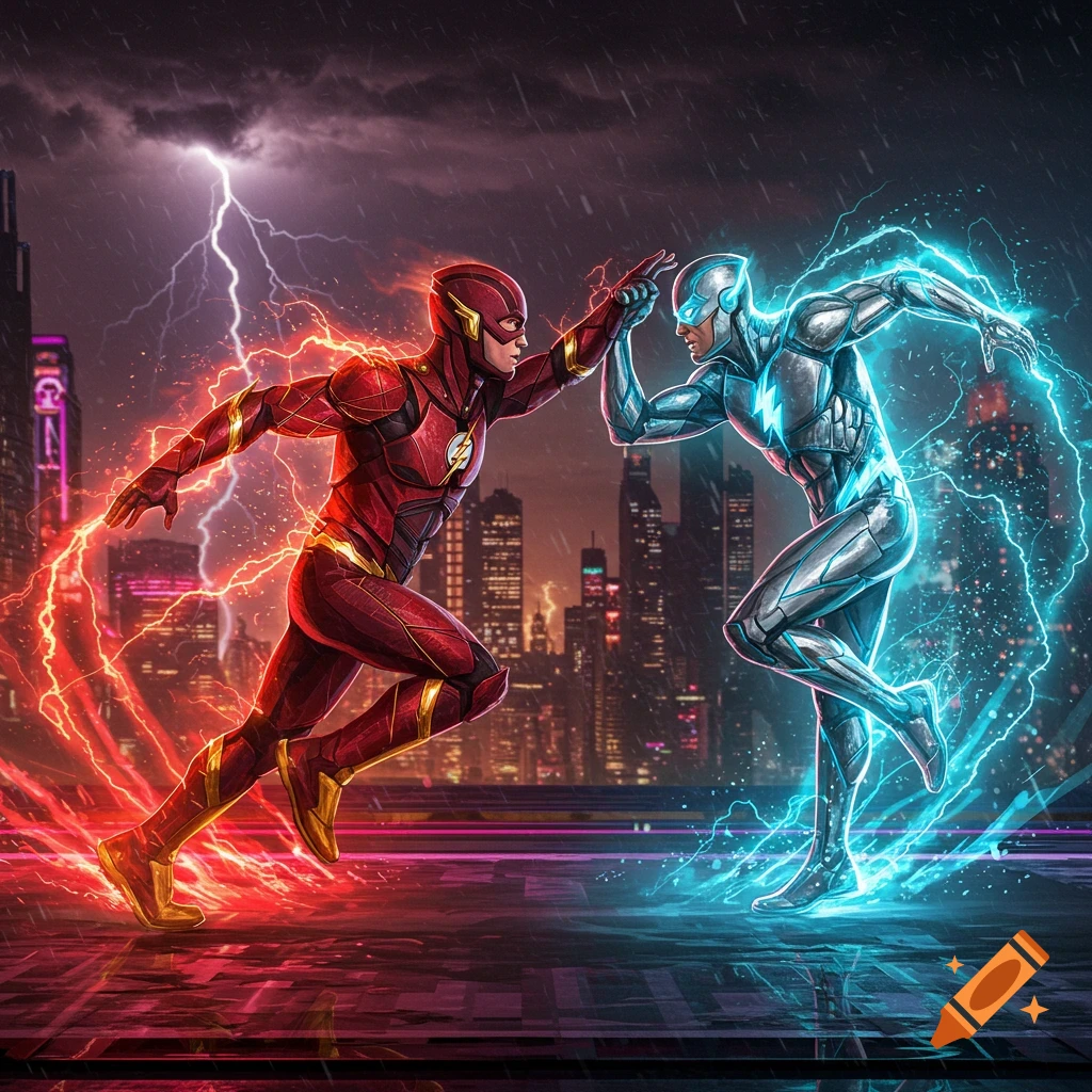 The Flash and a silver speedster clash amidst lightning and rain in a city at night, in a dynamic digital art style.