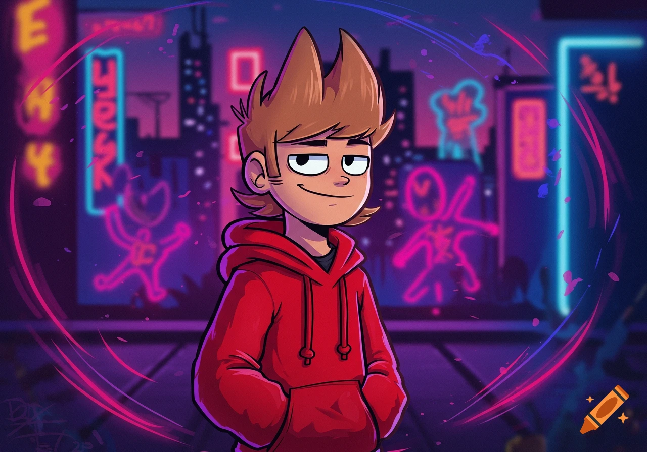 Cartoon character Tord from Eddsworld in a red hoodie stands in a neon-lit cyberpunk city.