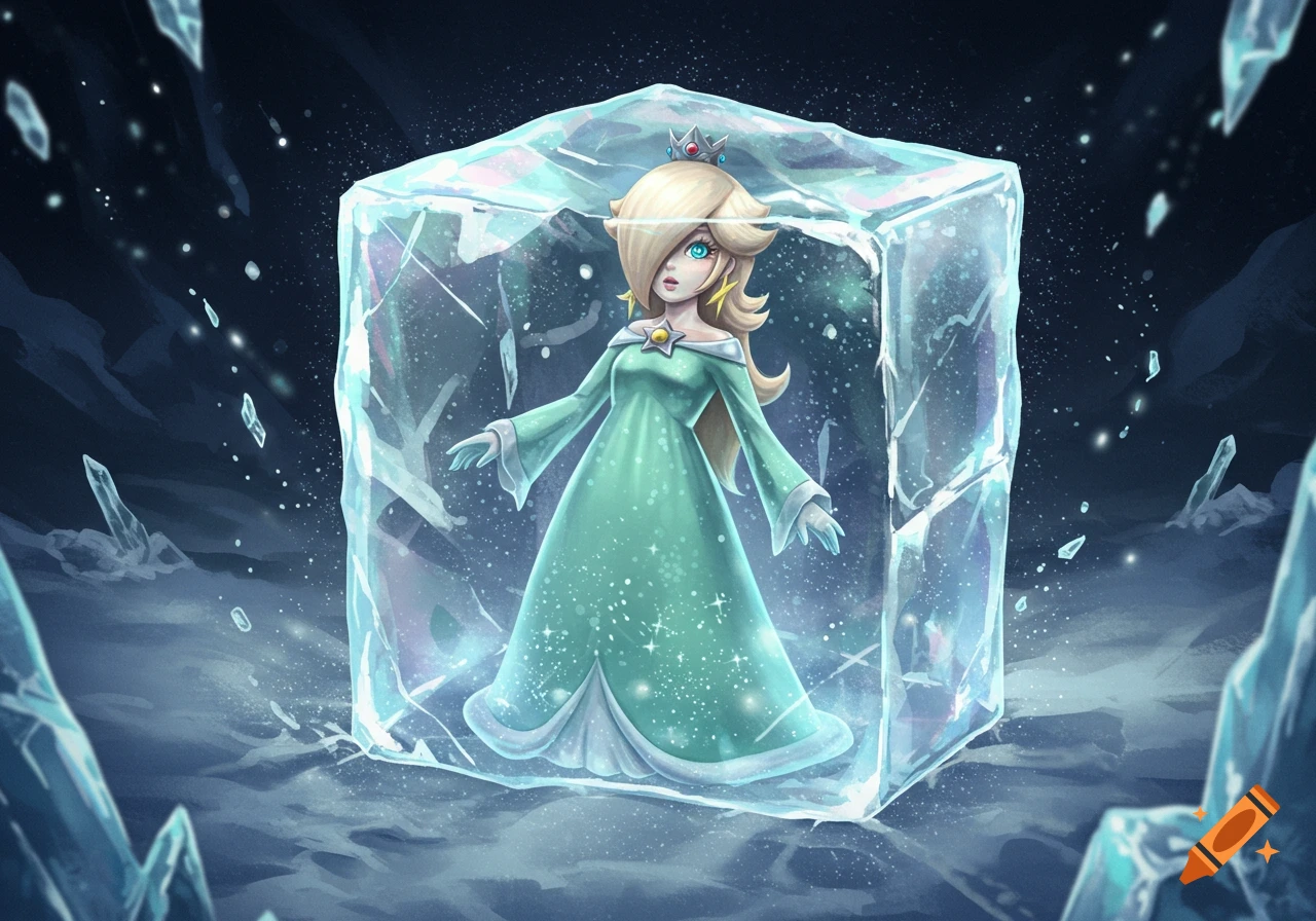 Rosalina, a character from Super Mario, frozen inside a large block of ice in an icy landscape with sparkling particles.