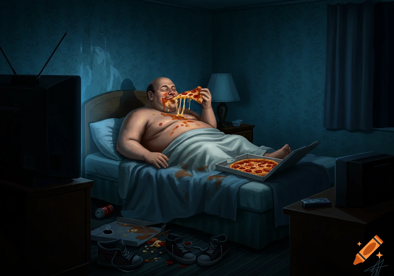 An overweight man sprawled in bed, eating pizza messily while watching TV in a dark motel room, illustration.