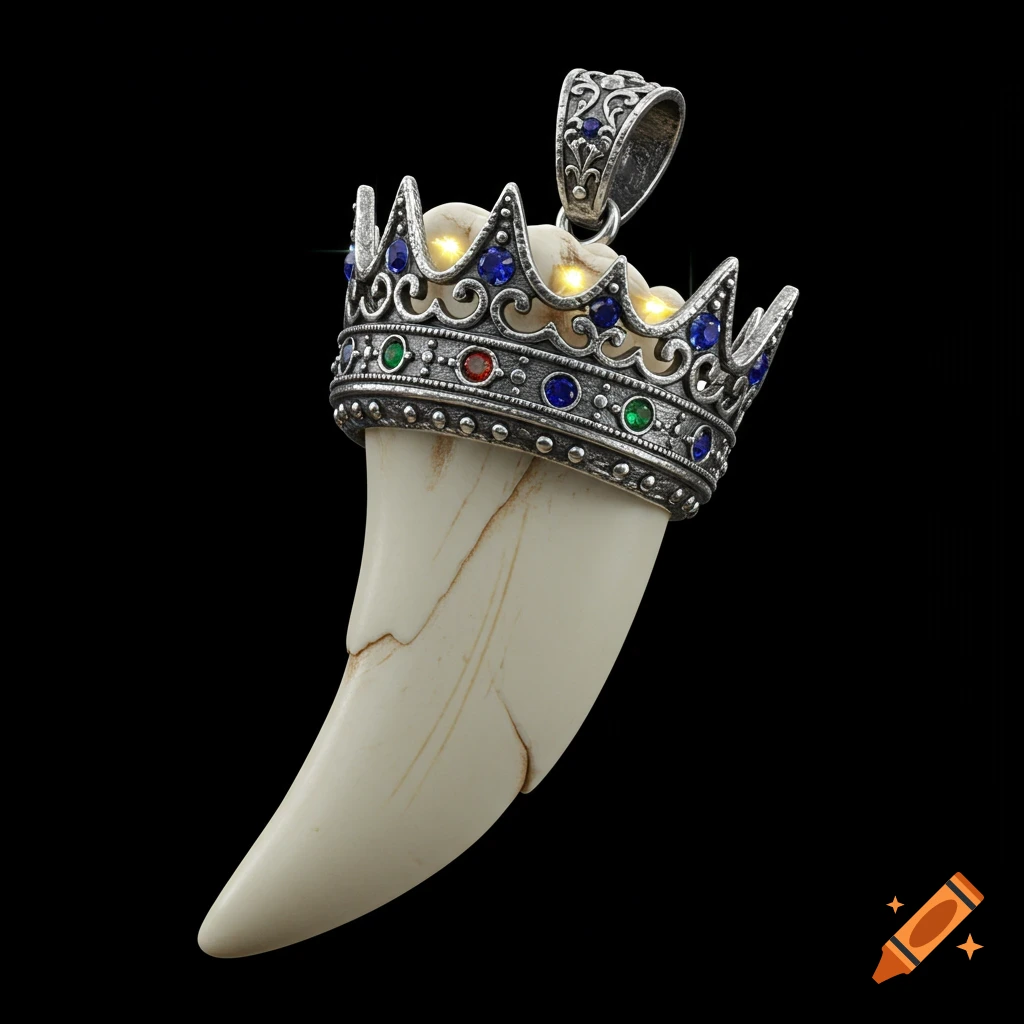A white wolf tooth pendant adorned with a silver crown featuring colorful jewels and subtle glows, against a black background.