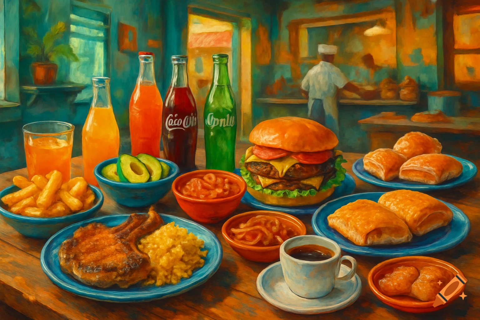 A vibrant, painterly scene of a table laden with a variety of Cuban and American dishes, including a double cheeseburger, pork chop with rice, fries, avocado slices, pastries, and various bottled drinks. A chef is in the background.
