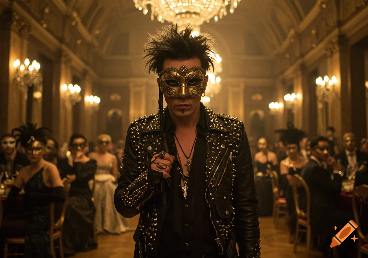 A person in a gold masquerade mask and studded black leather jacket stands at a formal masquerade ball, photorealistic.