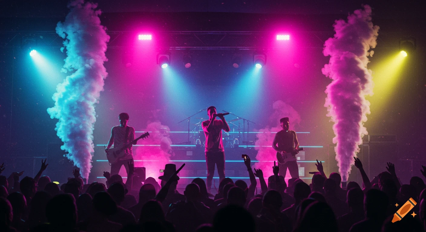 A band performs on stage under vibrant pink, blue, and yellow lights with smoke effects, watched by a large, silhouetted crowd.