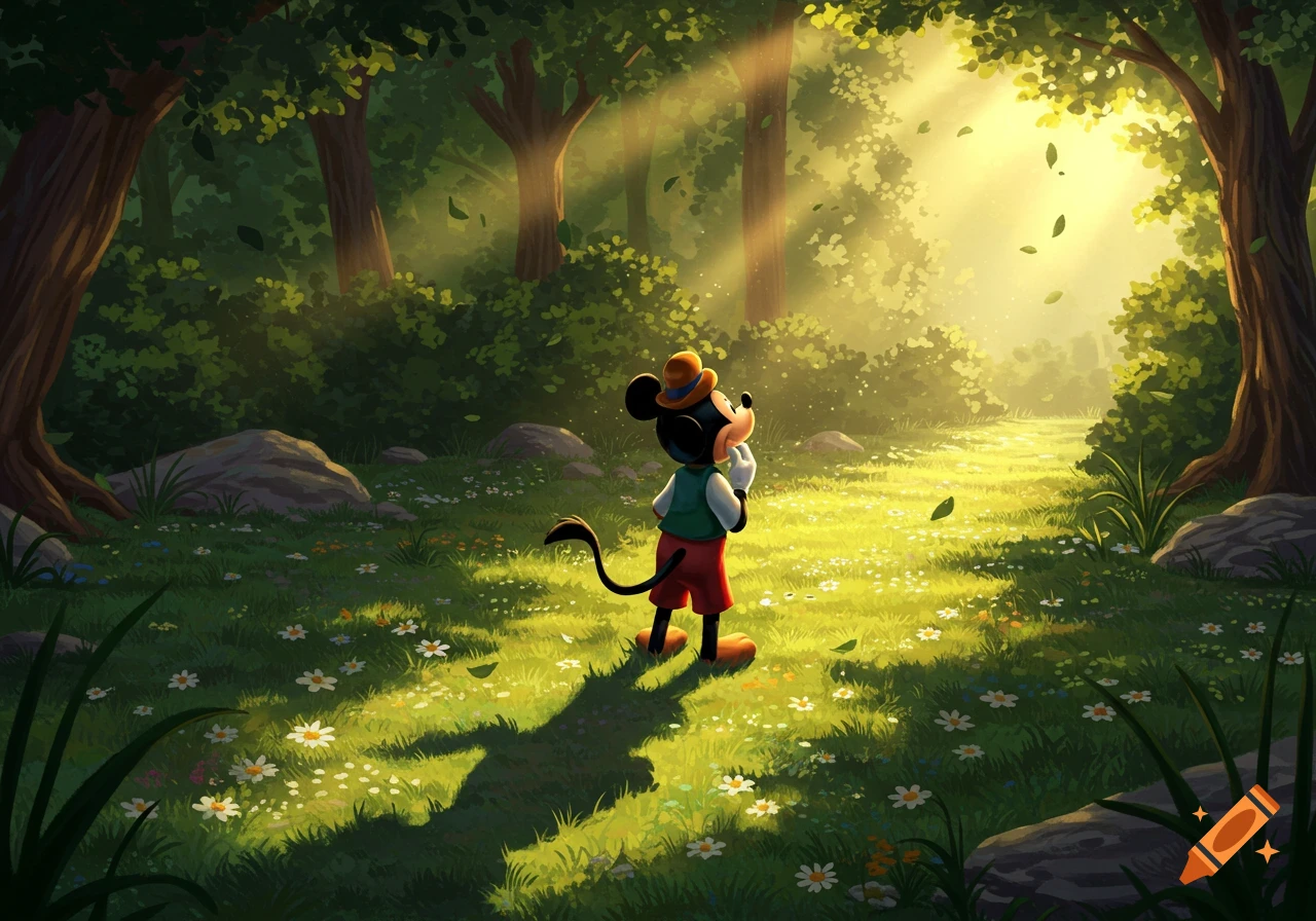 Mickey Mouse stands in a sunlit forest clearing with wildflowers, looking towards his shadow in an animated illustration.