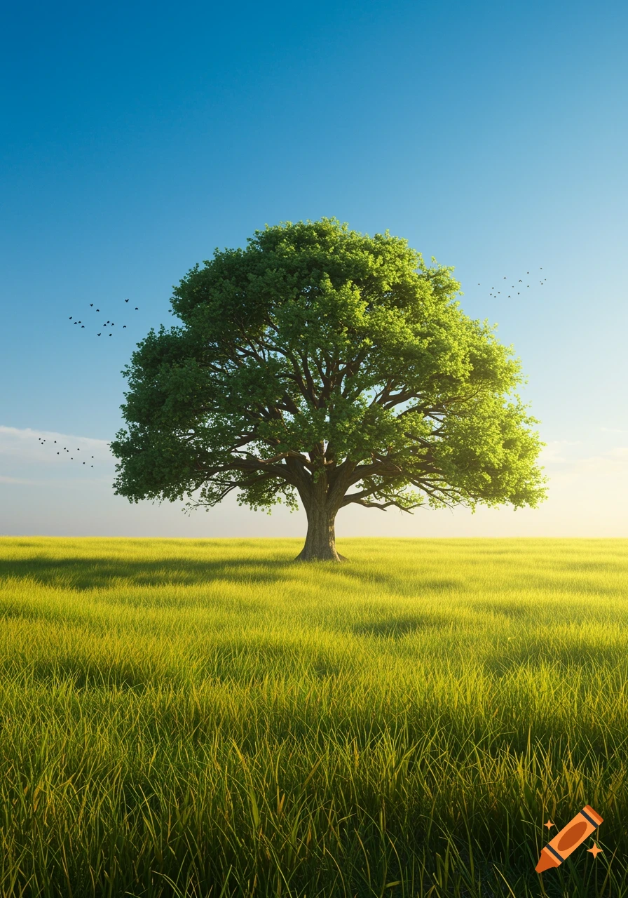 A lone, large tree stands in a field of green grass under a clear blue sky with distant birds.