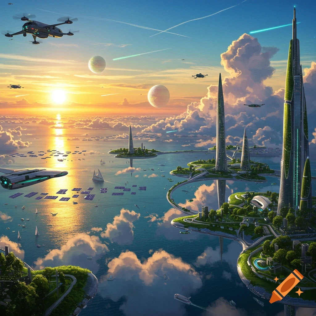 Futuristic cityscape with towering green-clad buildings on islands, flying vehicles, and solar panels floating on water at sunset.