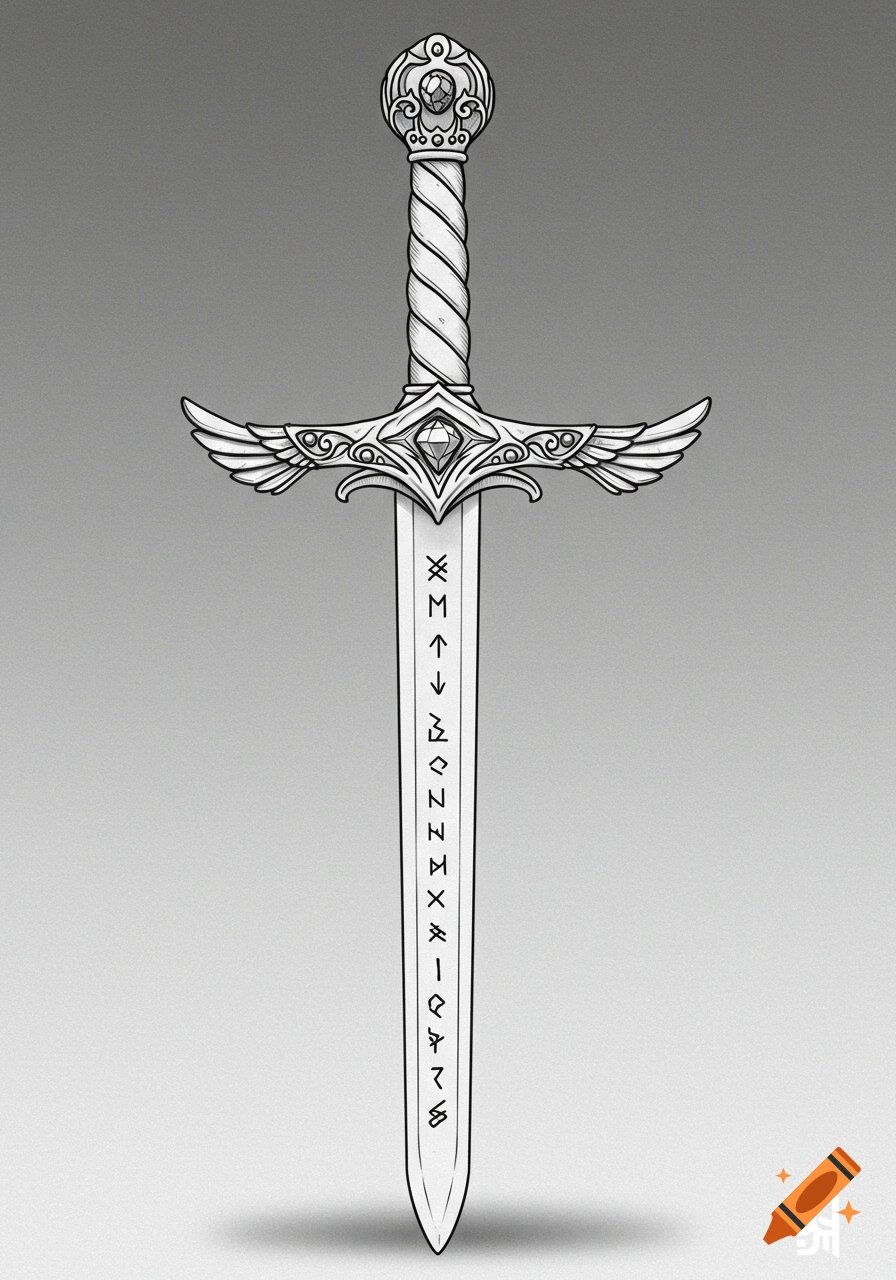 Detailed line drawing of a medieval sword with an intricate hilt featuring wings, a central gem, and runes on the blade.