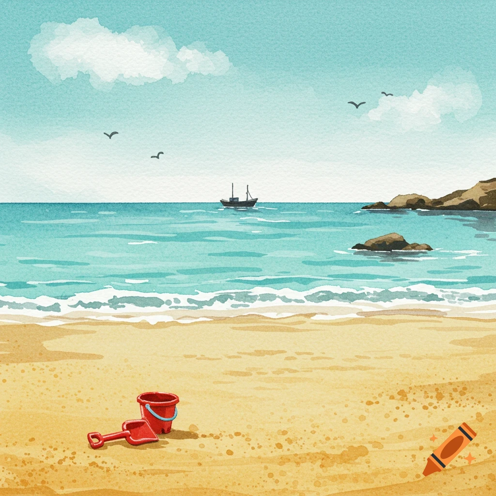 Watercolor painting of a serene beach scene with a red bucket and shovel on the sand, a boat in the turquoise water, and birds in the sky.