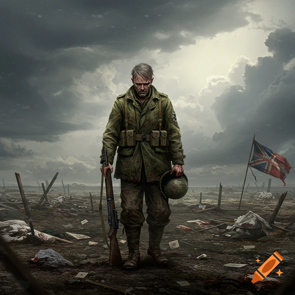 A sad soldier in a green uniform holds a rifle and helmet, standing amidst a desolate, war-torn landscape under a stormy sky.