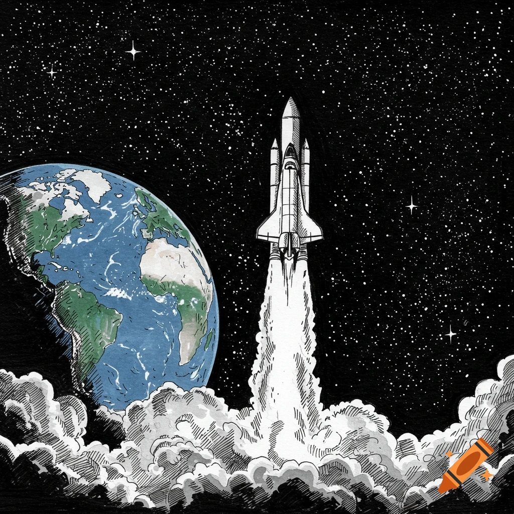 A pen stroke drawing of a space shuttle launching into a starry sky with Earth visible in the background.
