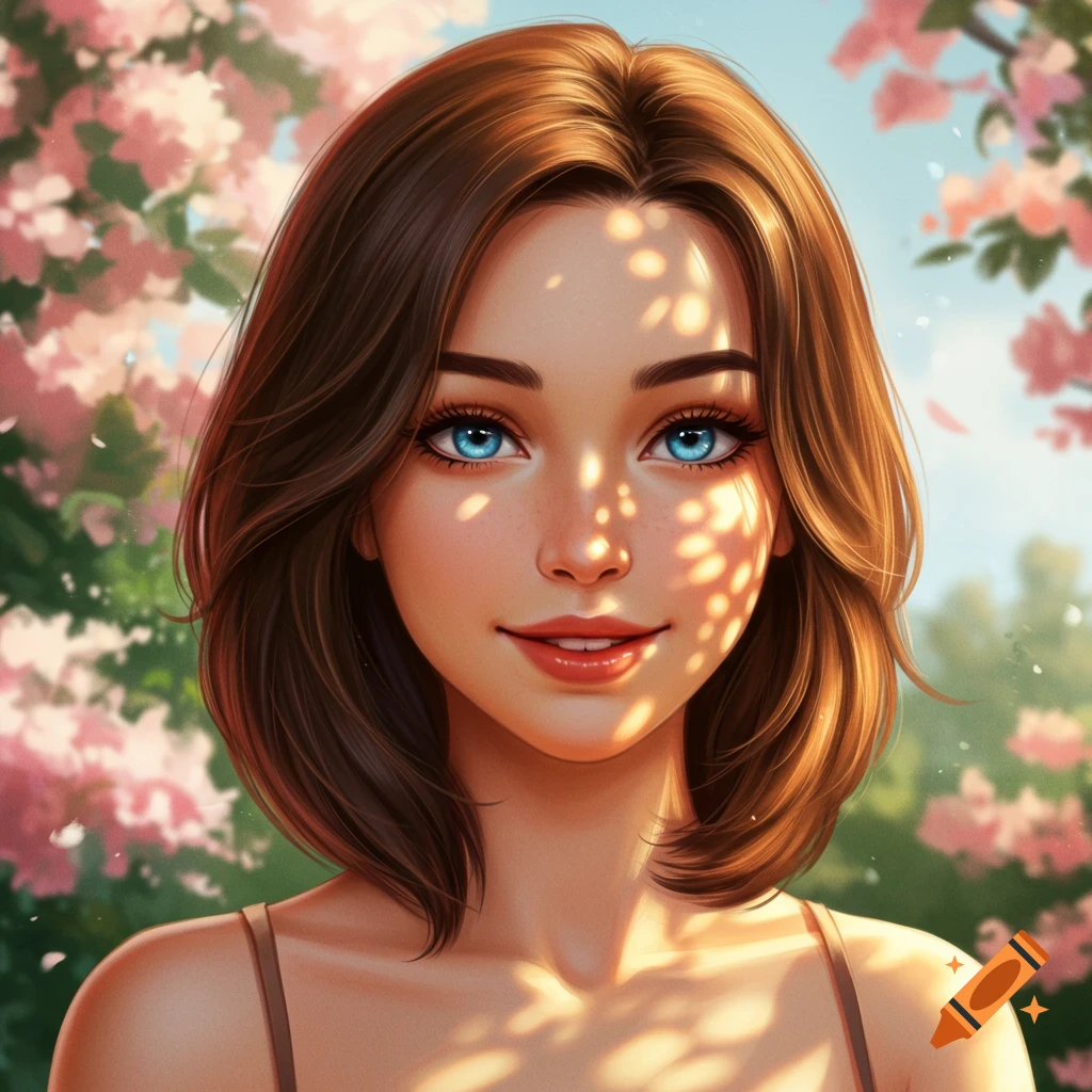 A close-up digital art portrait of a young woman with brown hair and bright blue eyes smiling, dappled sunlight on her face, with a blurry background of pink flowers.