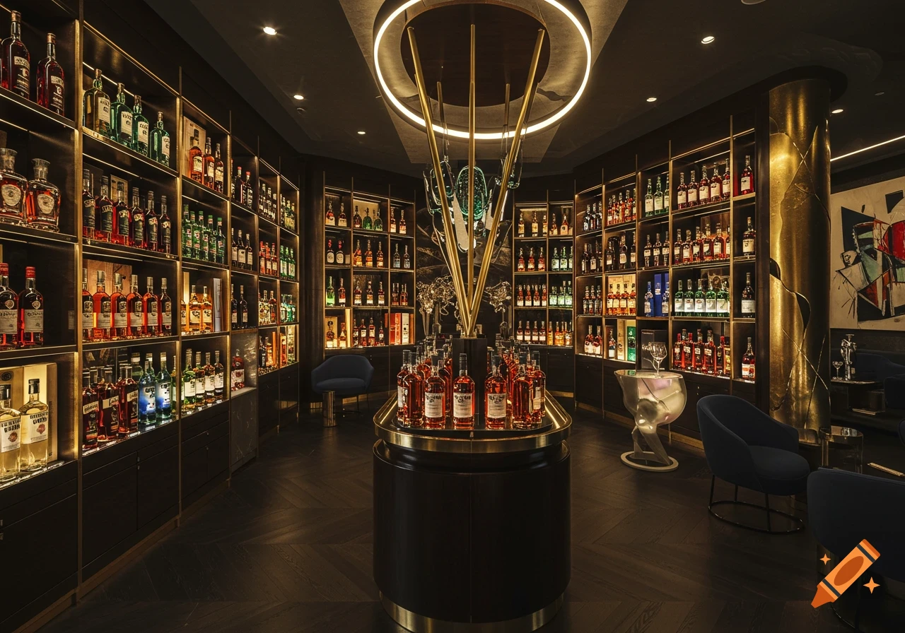 A luxurious, modern liquor store with rows of high-end liquor bottles on shelves and a central display.