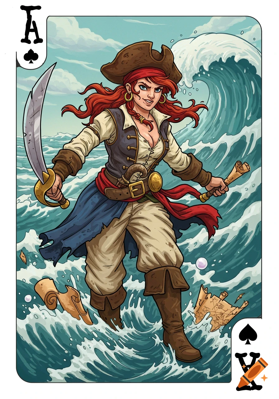 Cartoon illustration of a red-haired female pirate with a cutlass and scroll, in a stormy sea, as an Ace of Spades playing card.