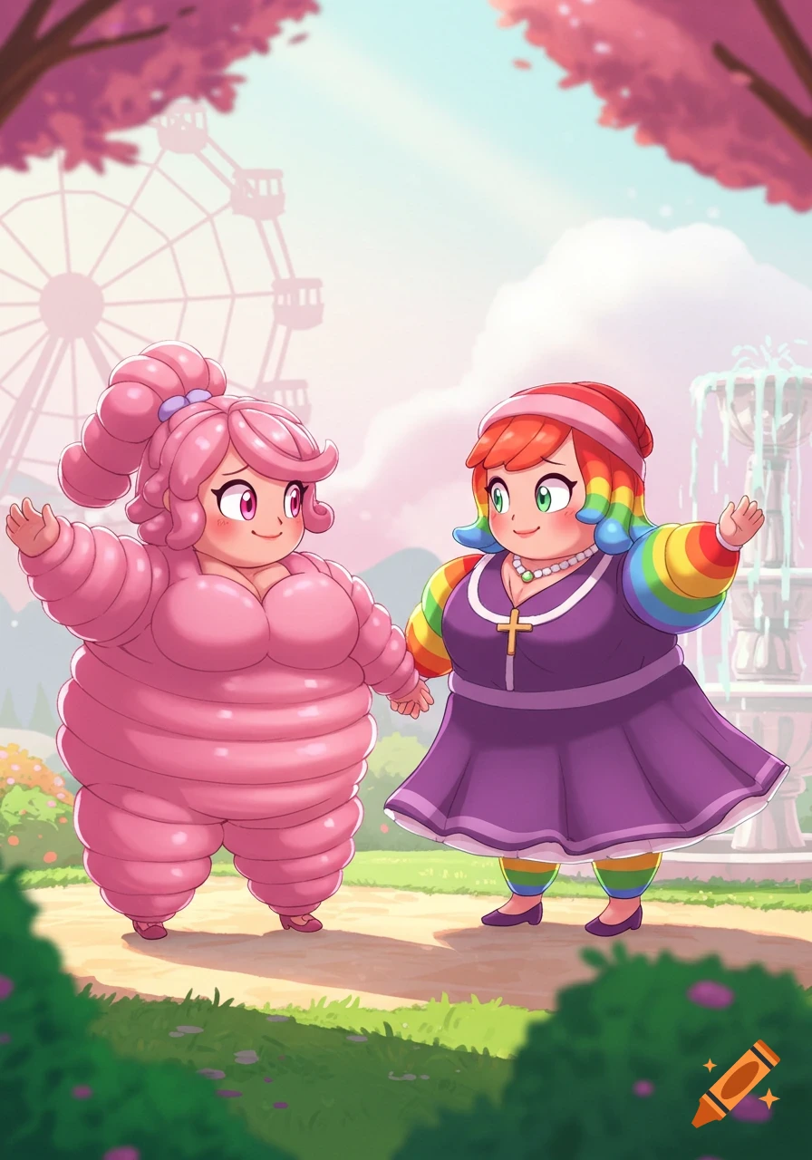 Two plump, cartoonish women, one pink and balloon-like, the other in a rainbow-sleeved dress, stand smiling in a park with a Ferris wheel.