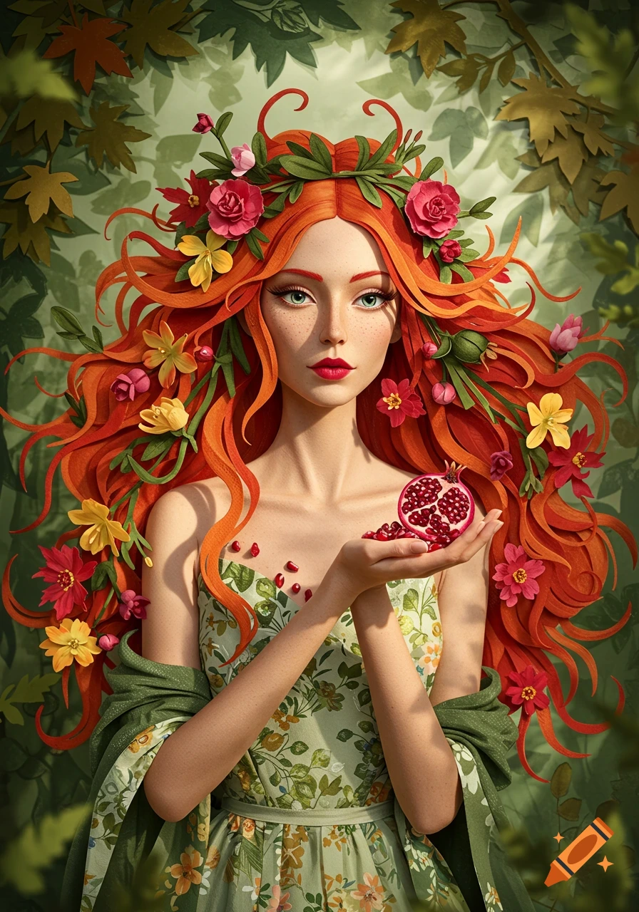 A vibrant paper cut style illustration of a red-haired maiden holding a half pomegranate, surrounded by green leaves.