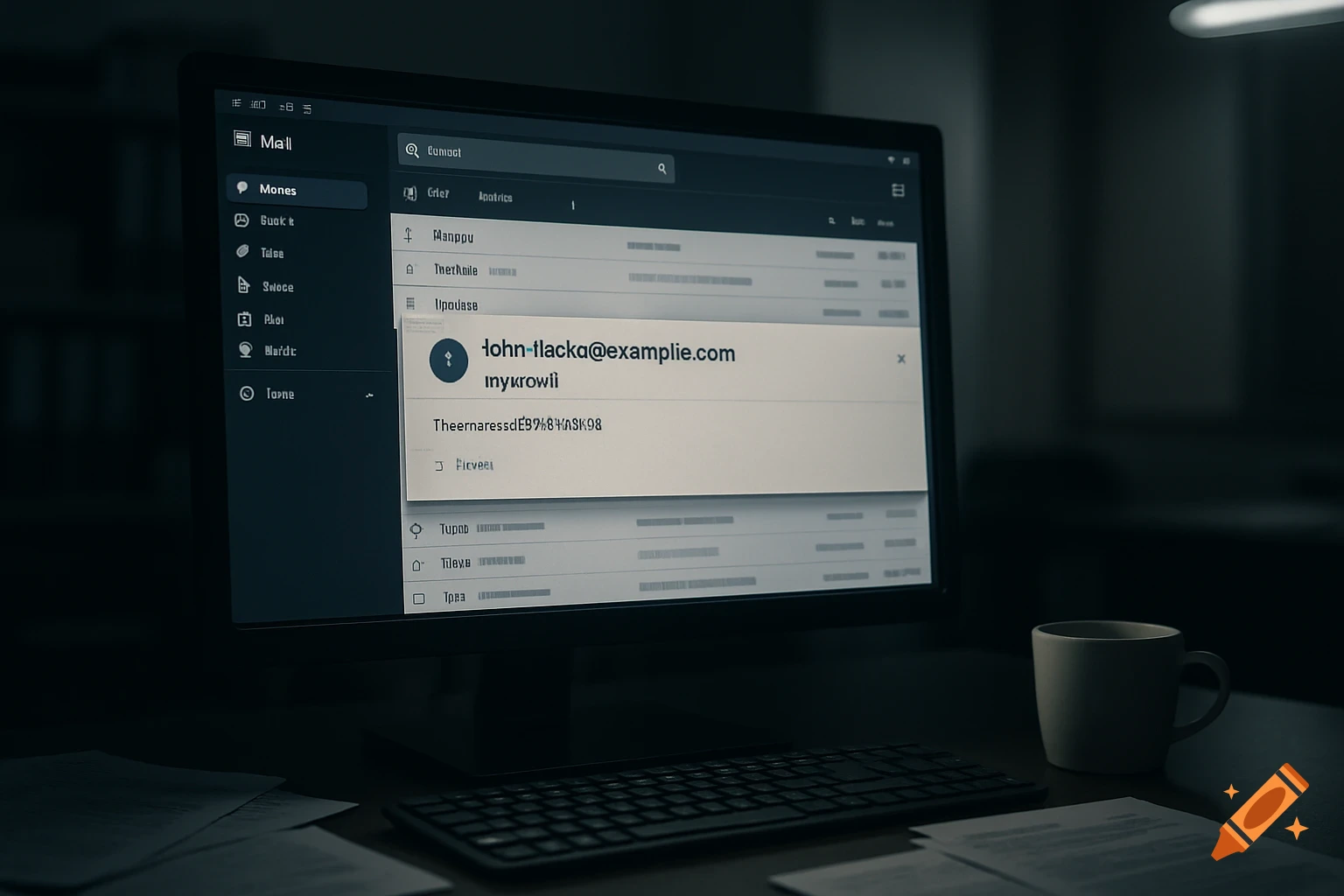 A close-up view of a computer monitor displaying an email interface with an open email from a suspicious address. A keyboard and a white mug are on the dark desk.