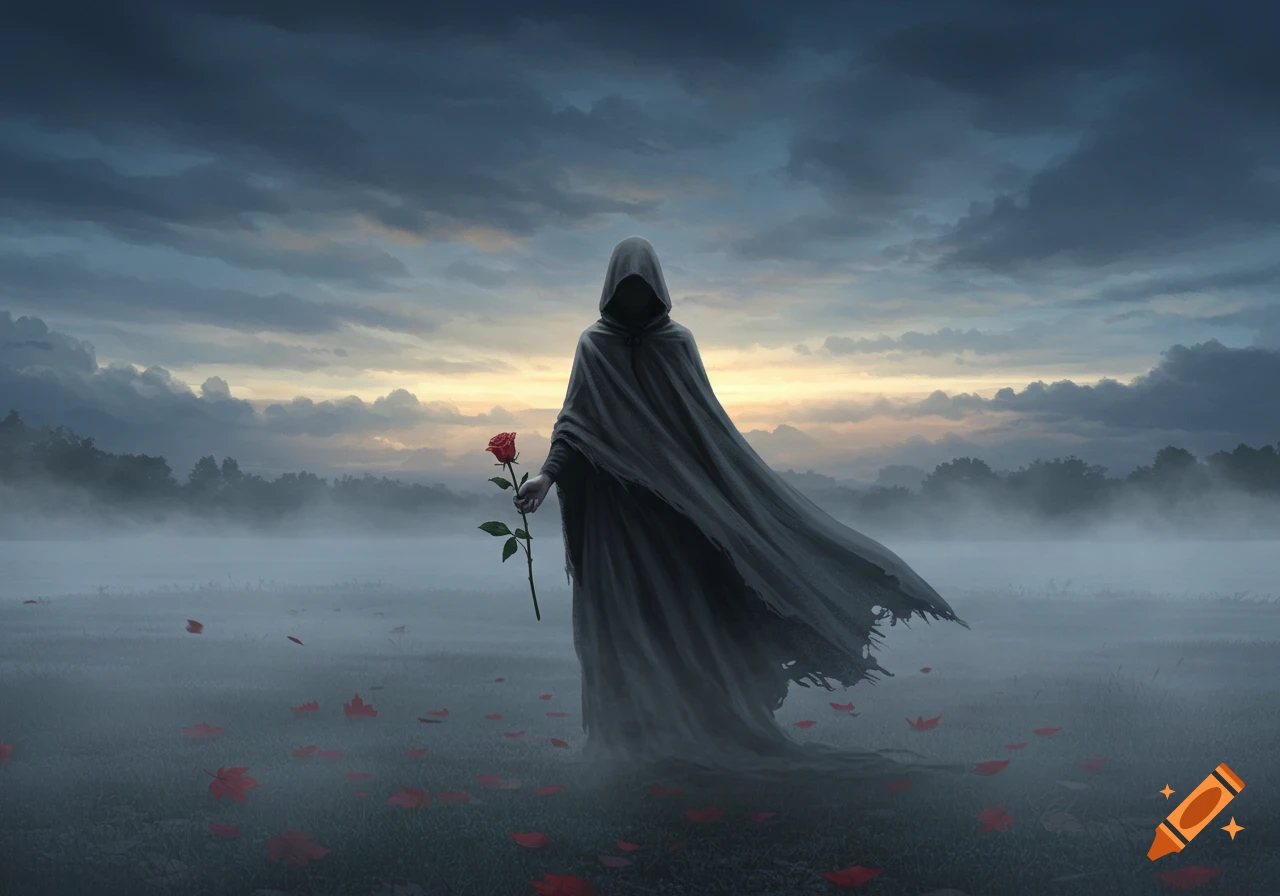 A cloaked, hooded figure stands in a misty field at dusk, holding a single red rose, with red leaves scattered around.