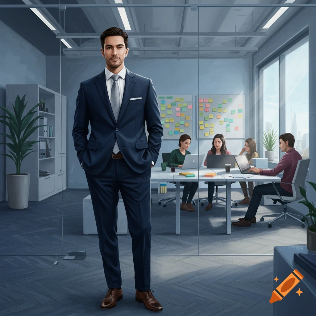 A professionally dressed man stands in an office with colleagues working at desks behind a glass partition.
