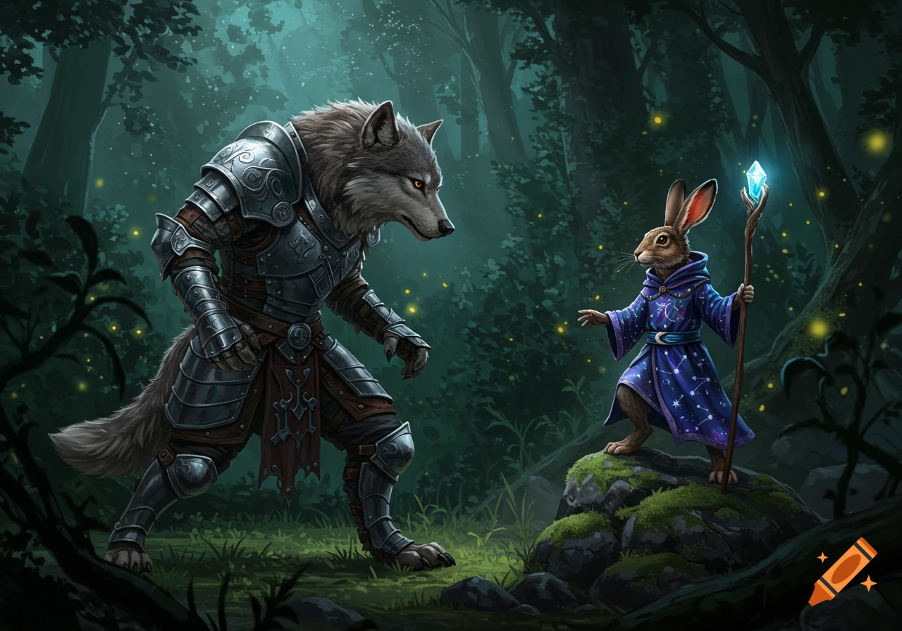 A wolf warrior in ornate armor confronts a rabbit magician holding a glowing staff in a magical forest at night, with fireflies around them.