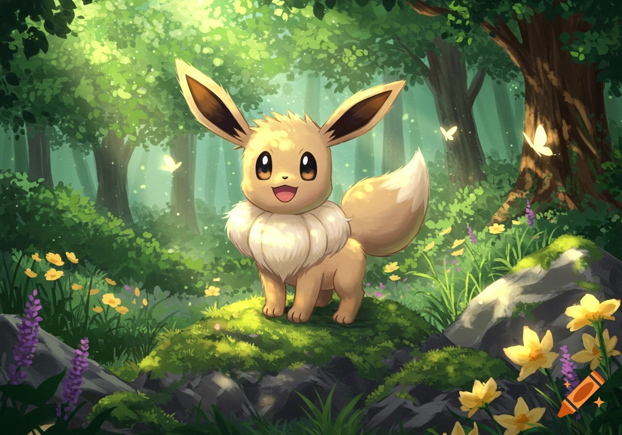 Eevee stands happily on a mossy mound in a sunlit forest clearing with yellow and purple flowers and butterflies.