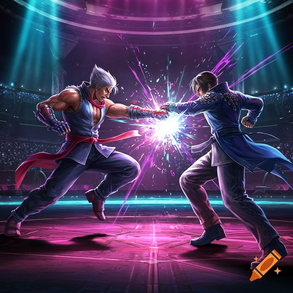 Two stylized male fighters clash fists in a neon-lit futuristic arena, creating a burst of vibrant energy.