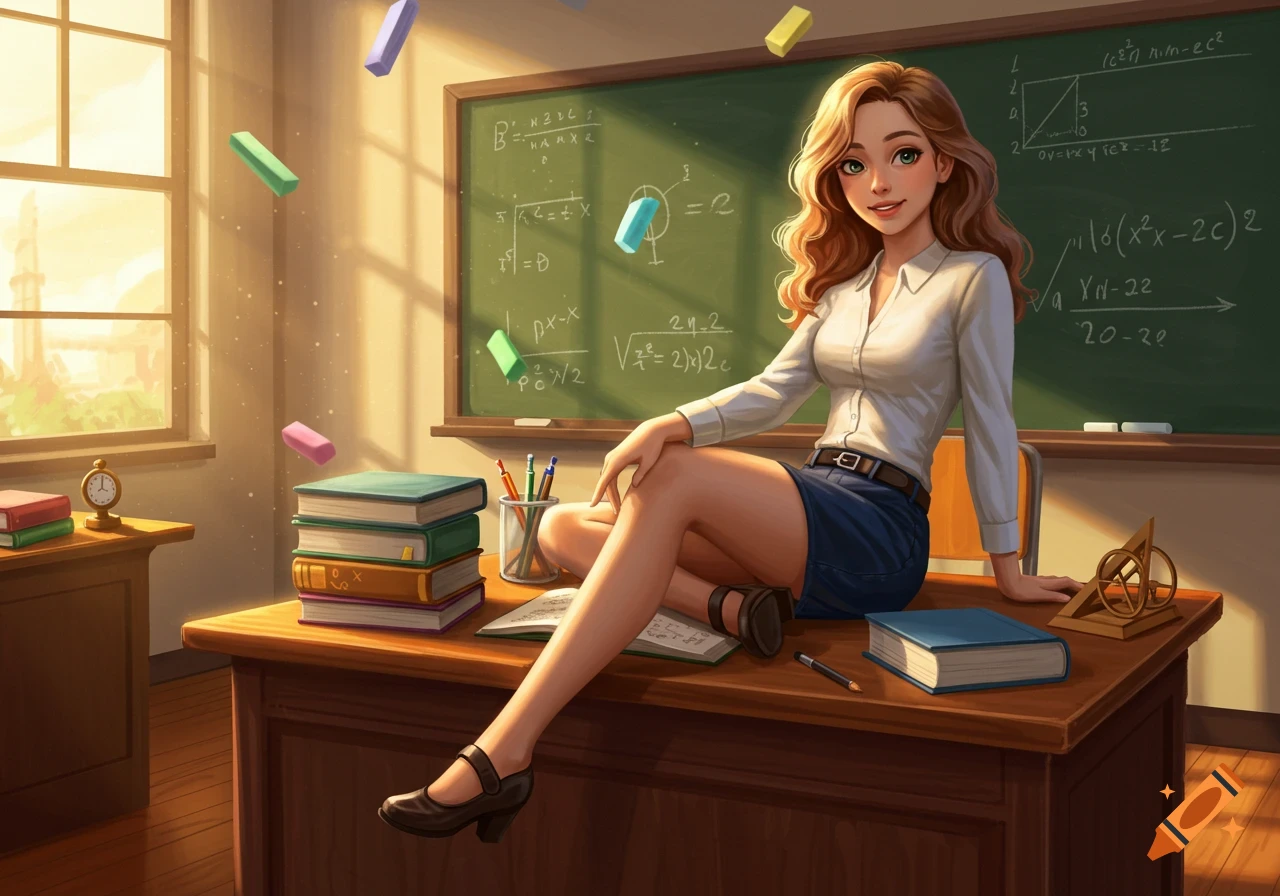 Anime-style teacher sitting on a desk in a sunny classroom with a blackboard and floating chalk.