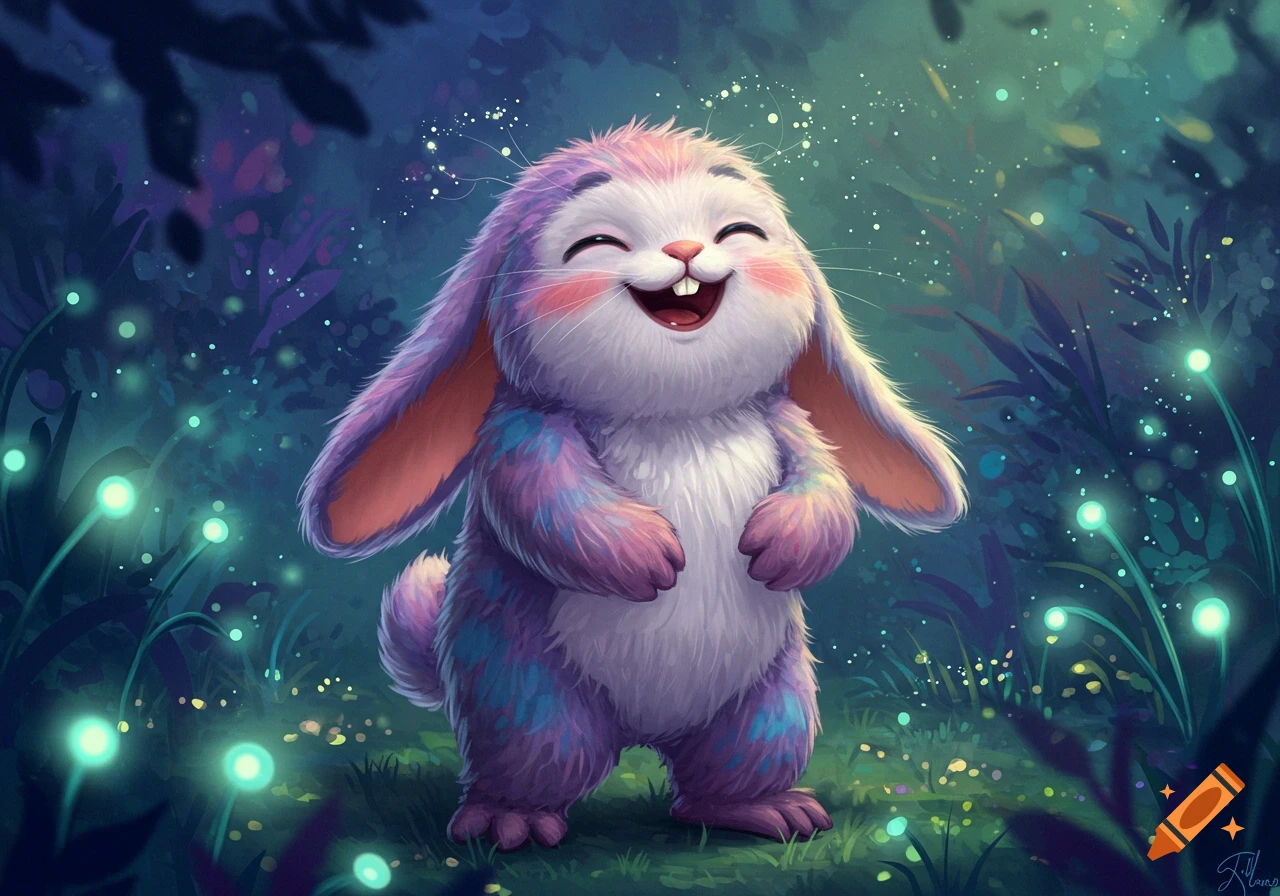 A fluffy, laughing purple and white monster bunny in a magical, glowing forest.