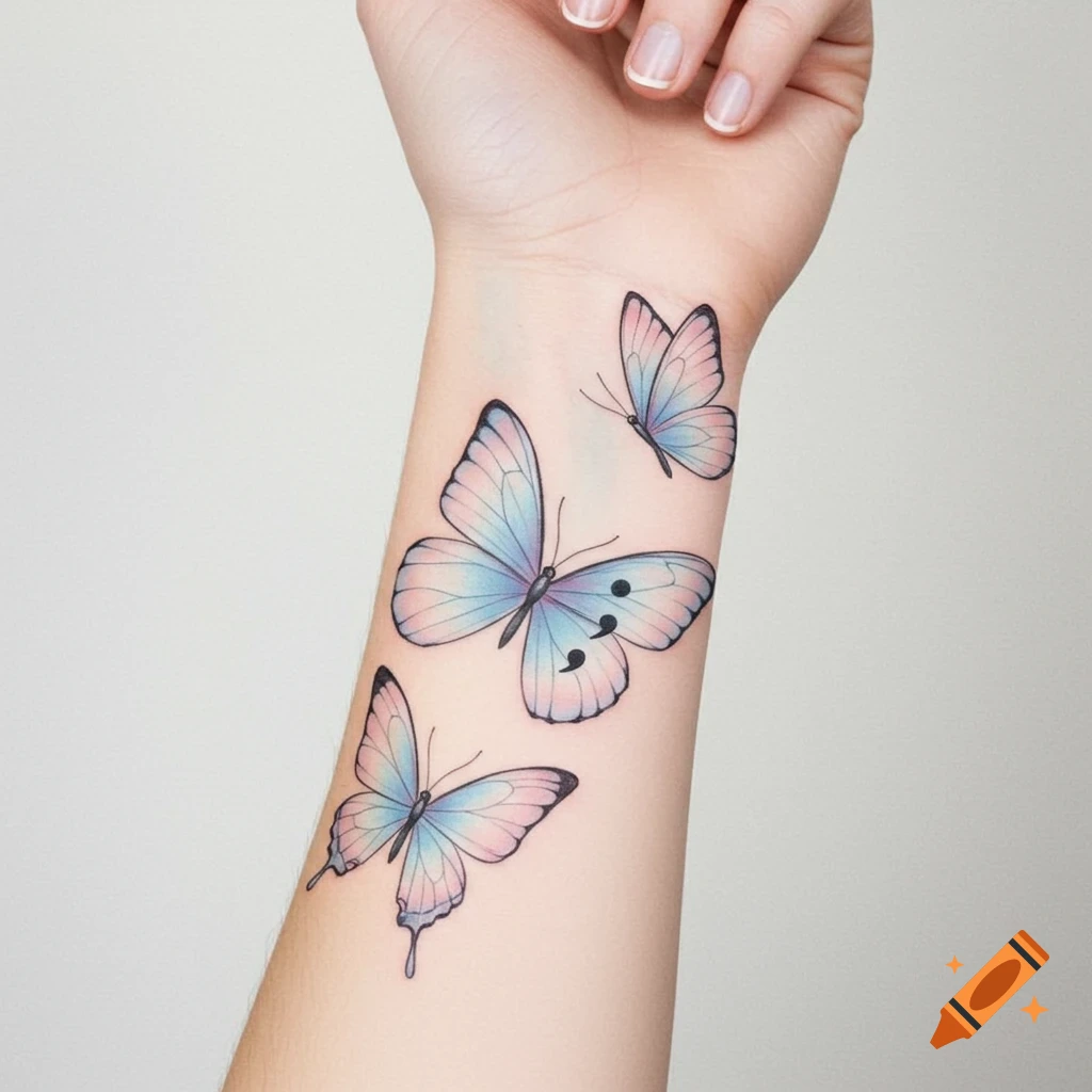 Close-up of a person's wrist with three delicate watercolor-style butterfly tattoos, one featuring a semicolon.