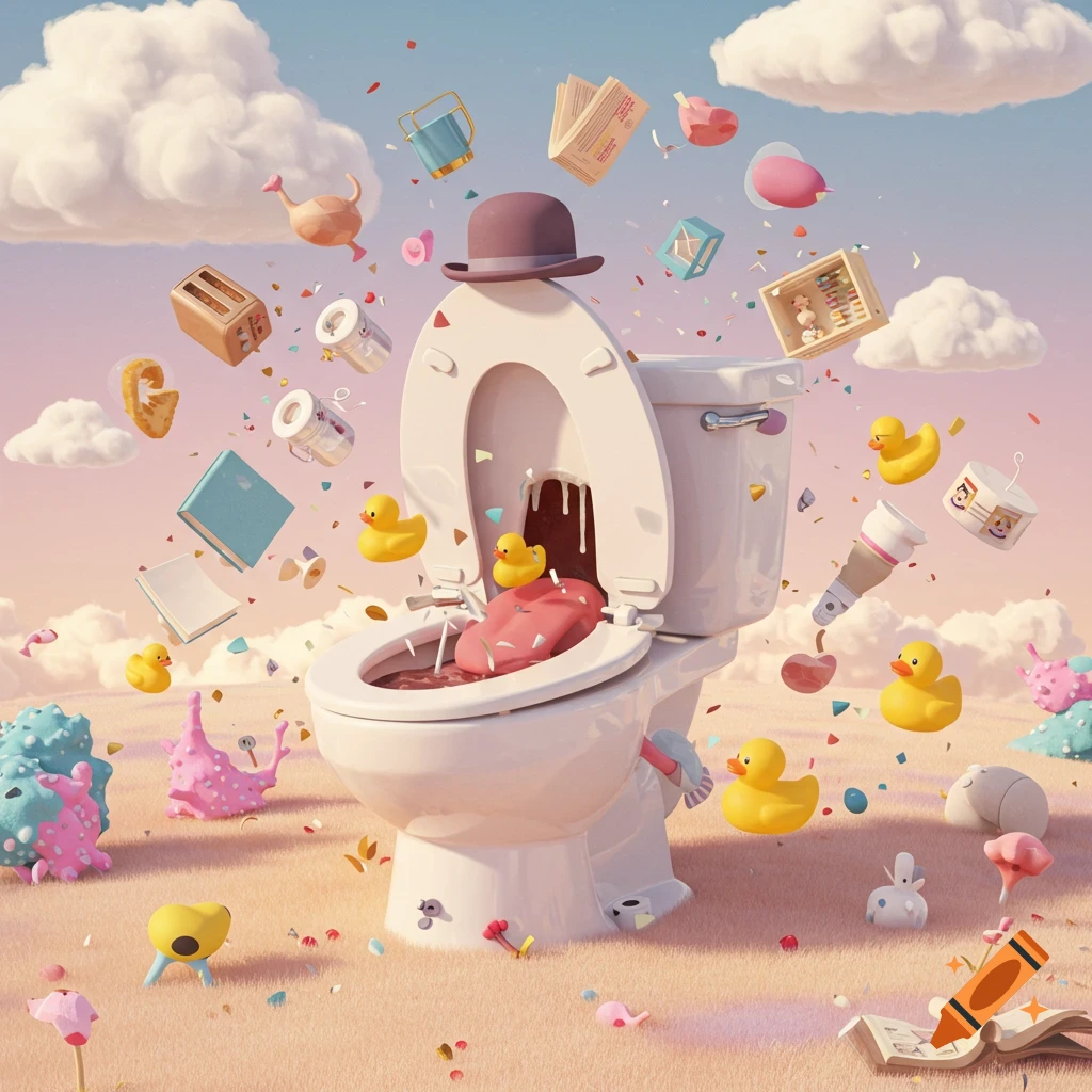 A whimsical, surreal scene of a toilet wearing a bowler hat in a dreamlike landscape, surrounded by floating household objects and rubber ducks.