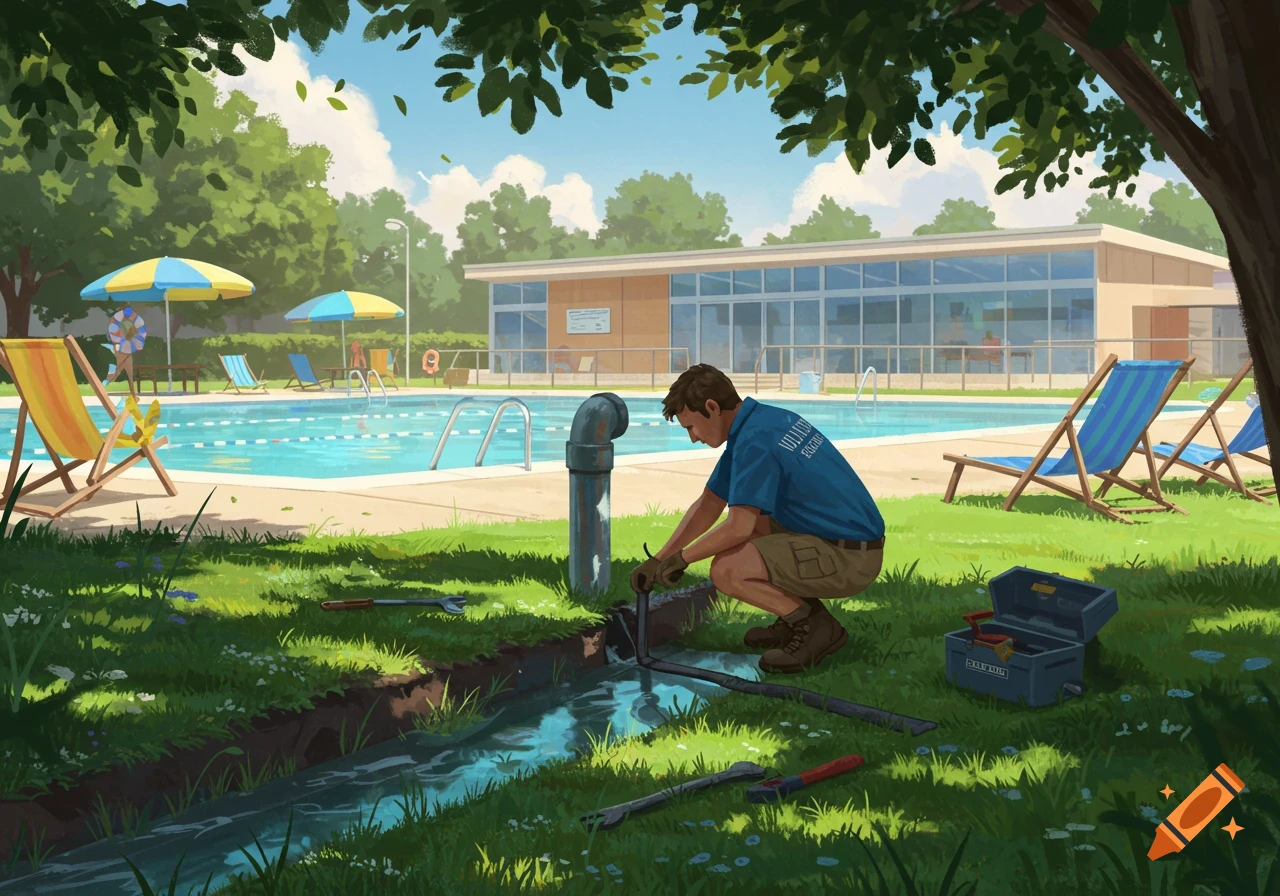 A man in a blue shirt and shorts crouches to work on a pipe next to a small trench of water. A swimming pool and club building are in the background.