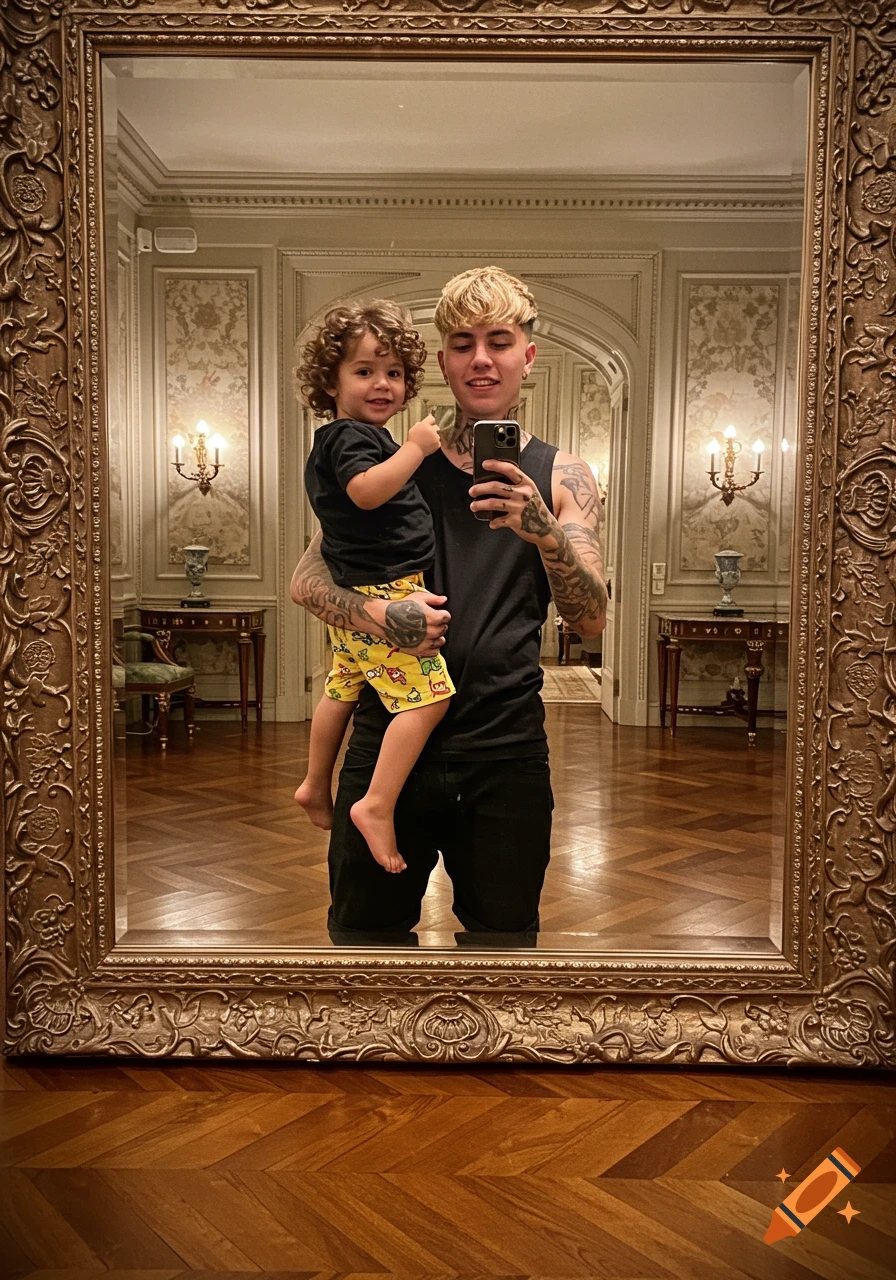 A young man with tattoos holding a curly-haired toddler, taking a mirror selfie in a grand mansion.