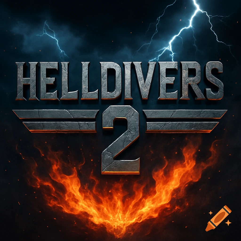 Helldivers 2 logo with metallic text, fire at the bottom, and lightning in the sky.