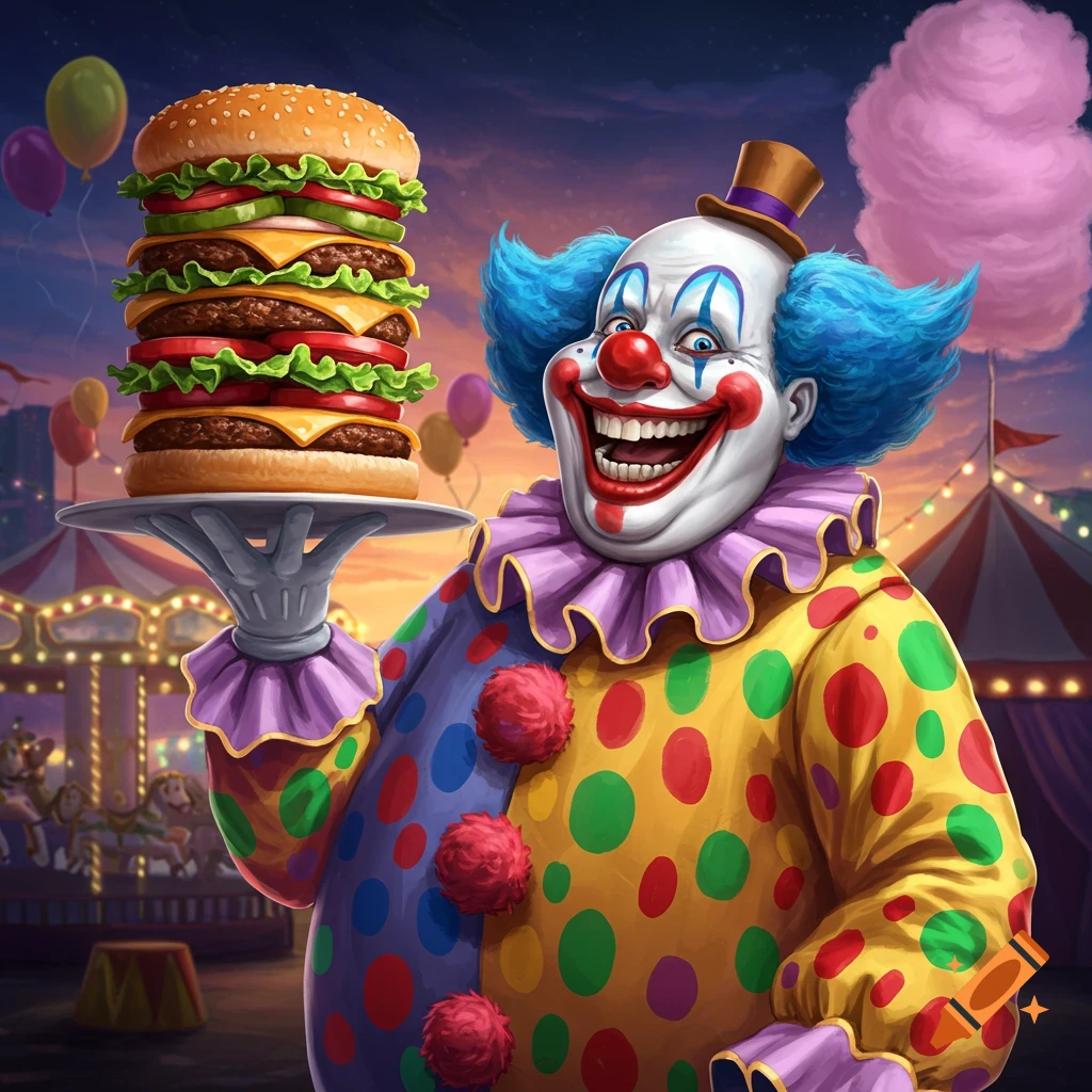 A cheerful clown in a colorful polka-dot suit holds a giant cheeseburger at a bustling carnival fairground.