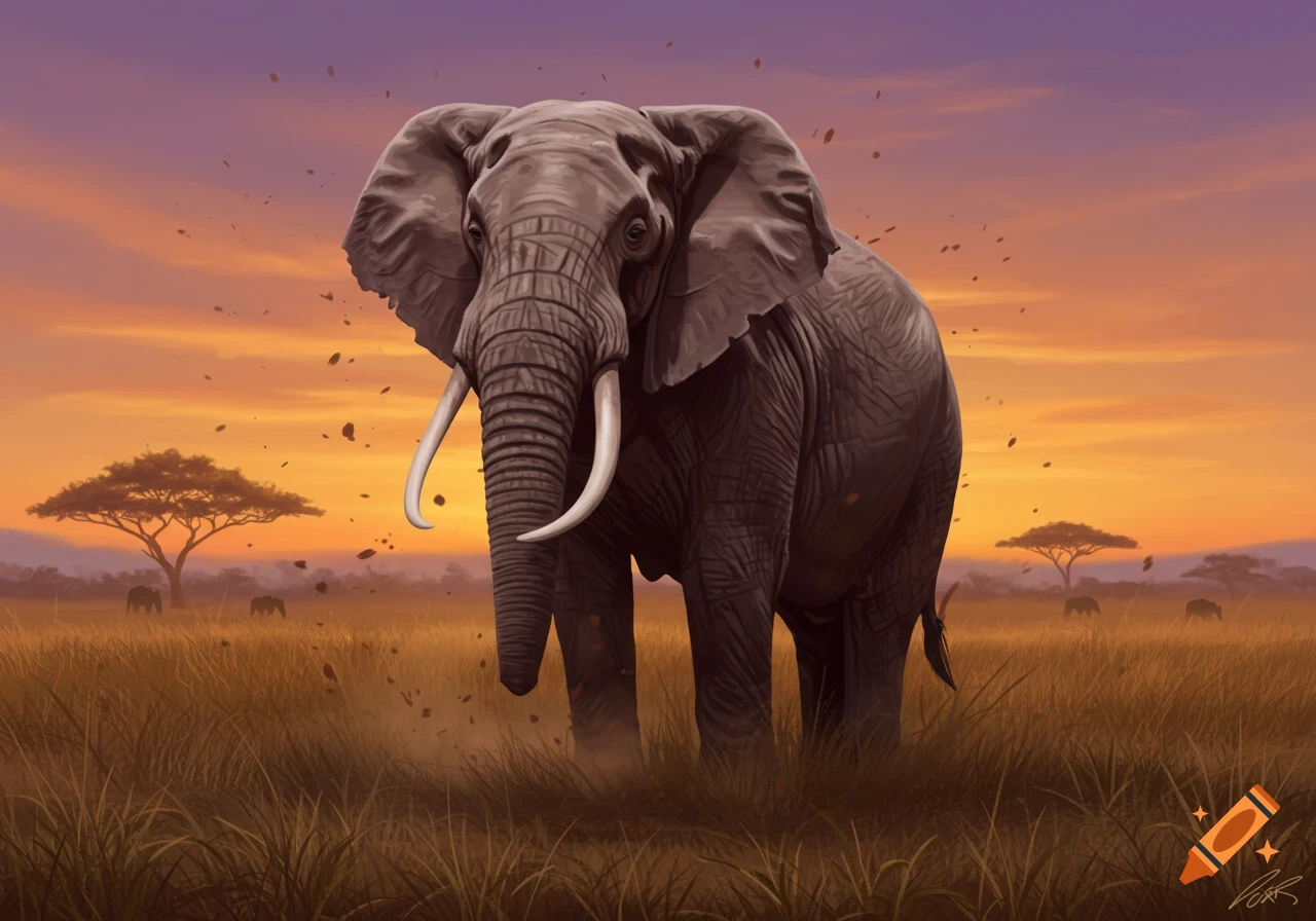 A large elephant stands in a grassy savanna at sunset, with acacia trees in the distance.