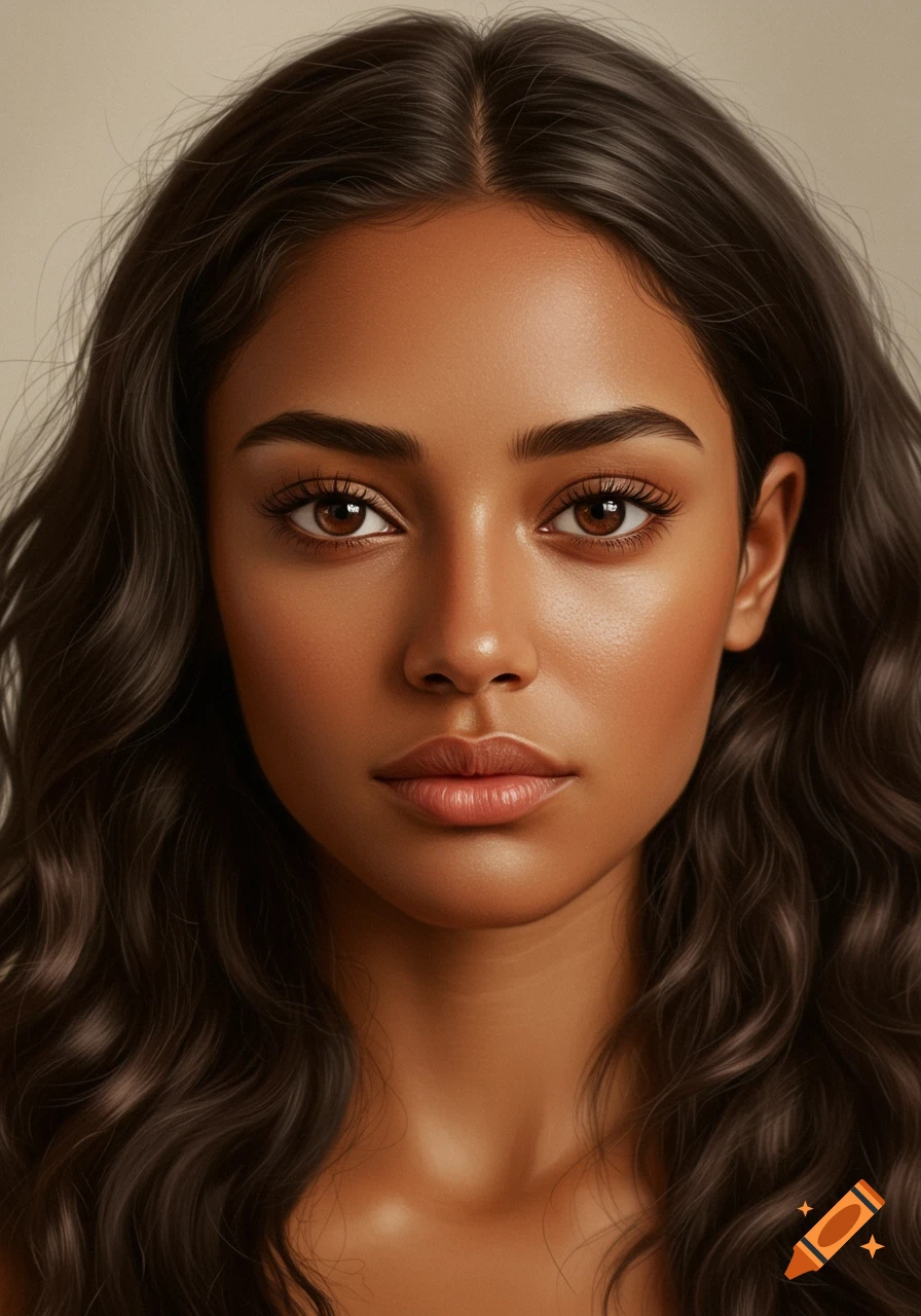 A close-up, photorealistic portrait of a woman with long dark wavy hair and brown eyes looking directly forward.